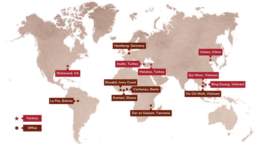 Map of Red River Foods offices and factories on globe